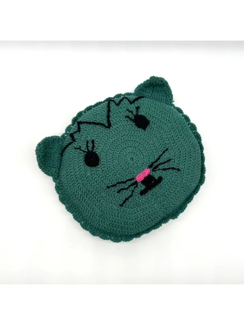 Vintage Cat Throw Pillow Crocheted Kitty Green Round Pink Nose Stuffed Handmade